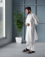White Shalwar Kameez – Ban Collar with Black Buttons - Image 7